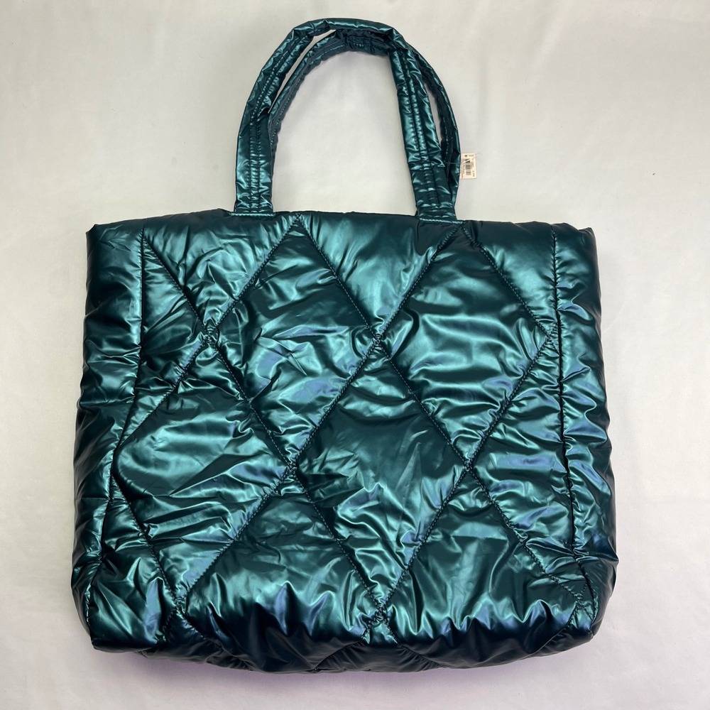 Victoria Secret Tote Bag Teal Green Metallic Quilted Puffer Large‎ Travel